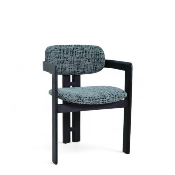 Minimalist modern armchair with patterned fabric upholstery and black wooden frame. Perfect for stylish contemporary home decor.