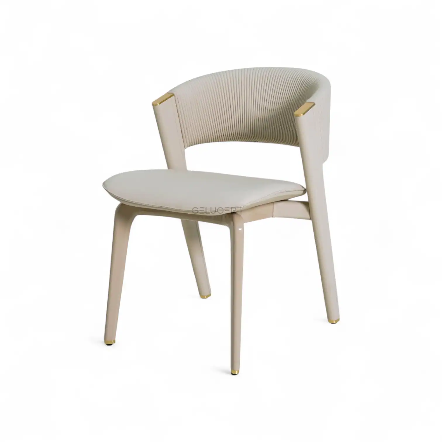 Modern white upholstered dining chair with gold accents from Geluoer Furniture.