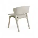 Modern white upholstered dining chair with wooden legs, stylish and comfortable for home or restaurant use.