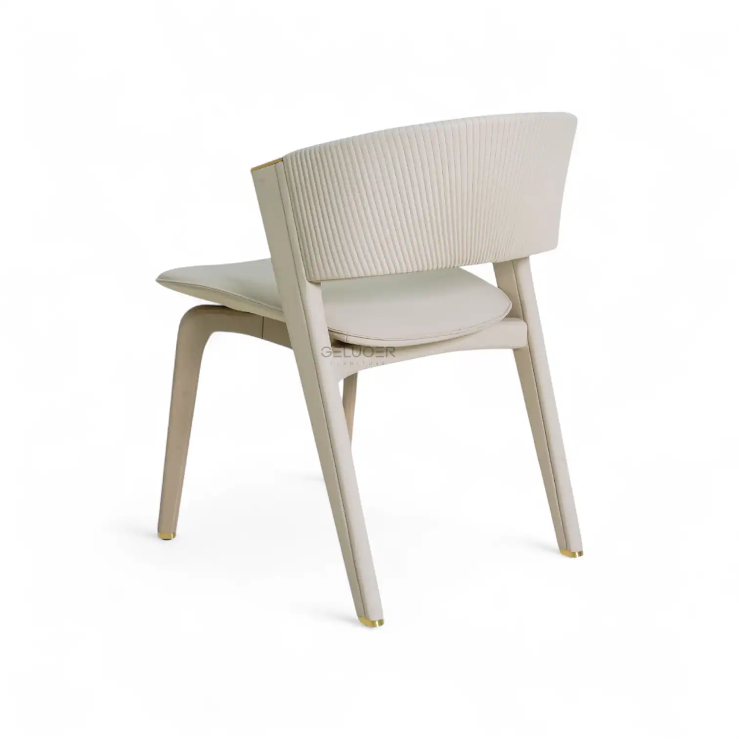 Modern white upholstered dining chair with wooden legs, stylish and comfortable for home or restaurant use.