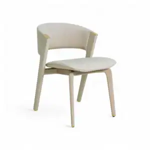 Elegant cream-colored modern dining chair with gold accents and comfortable upholstered backrest.