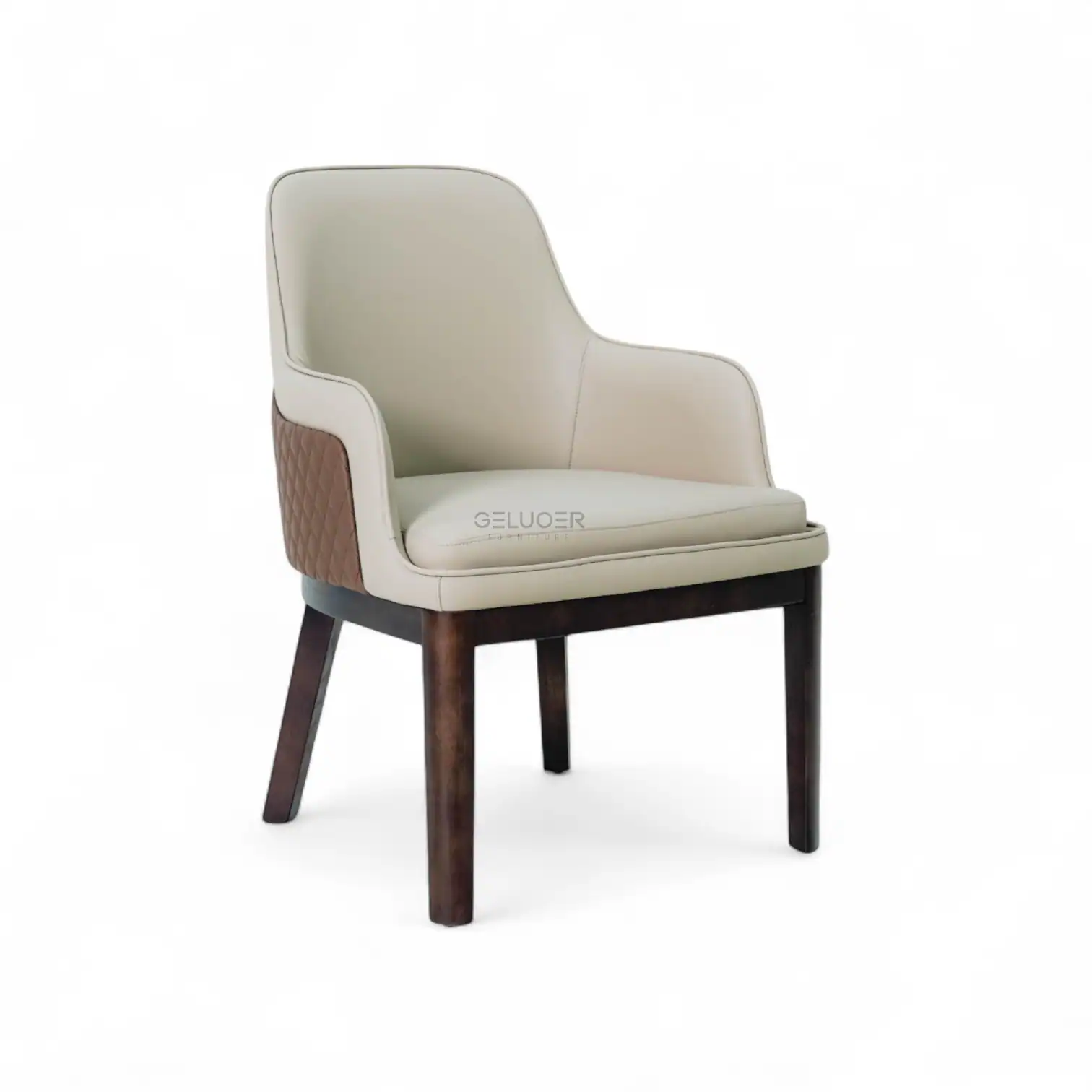 Modern beige and brown leather armchair with wooden legs, stylish and comfortable furniture piece.