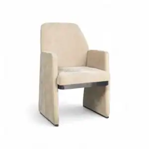 Modern beige upholstered accent chair with armrests, ideal for living rooms and offices.