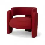 Plush red velvet modern armchair with curved arms, perfect for contemporary living spaces.