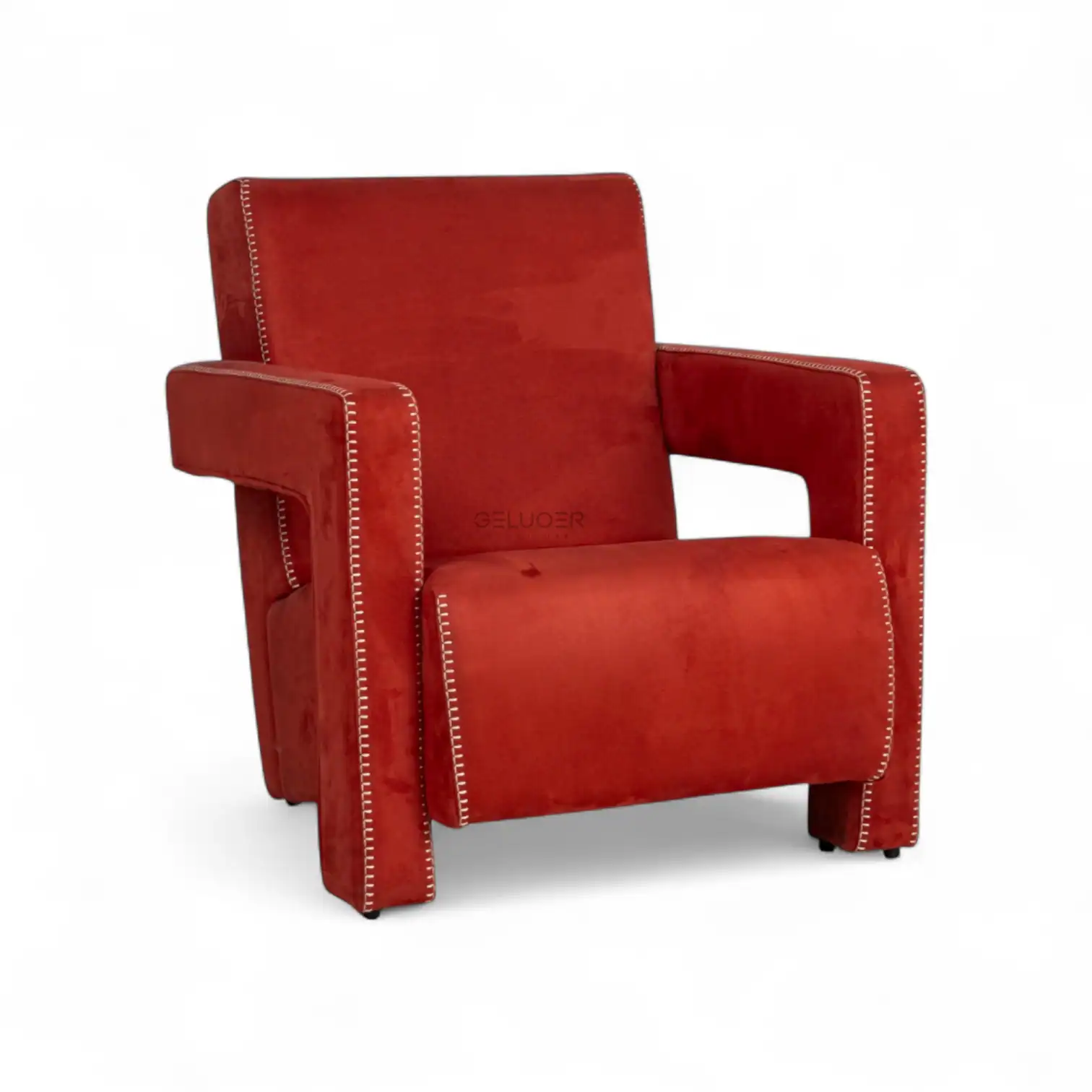 Luxurious red velvet armchair with nailhead trim by Geluoer Furniture.