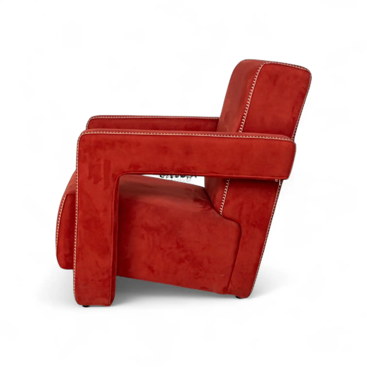 Vibrant red modern armchair with plush upholstery and decorative stitching for stylish comfort.