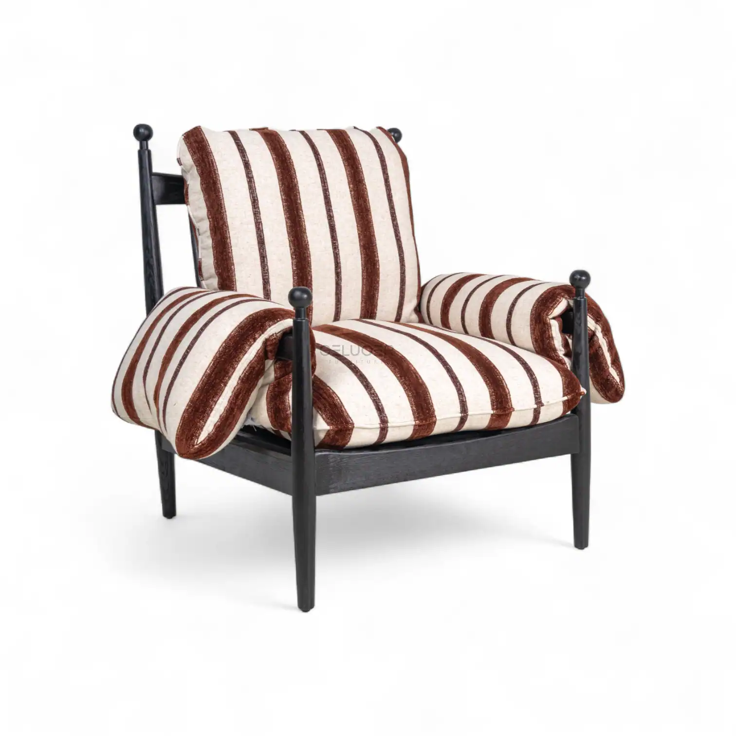 Elegant upholstered armchair with striped fabric and a black wooden frame, perfect for modern living spaces.
