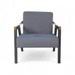Elegant modern armchair with dark wood frame and blue fabric upholstery for stylish living rooms.