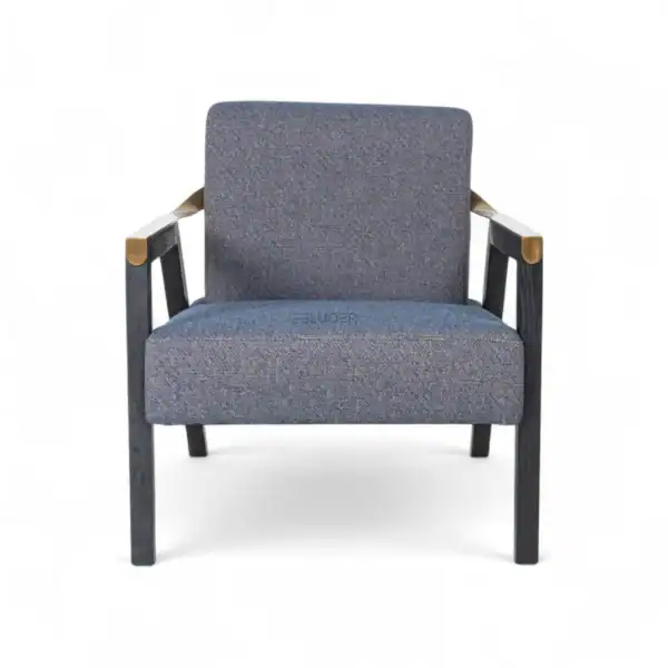 Elegant modern armchair with dark wood frame and blue fabric upholstery for stylish living rooms.
