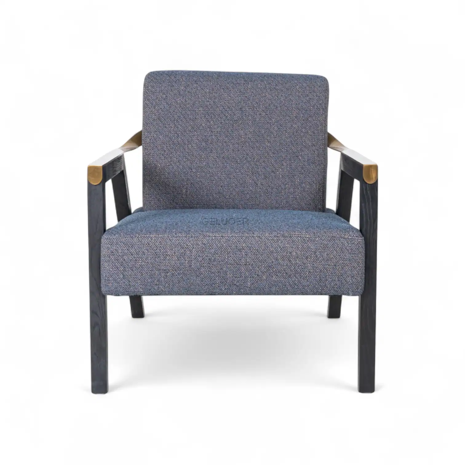 Elegant modern armchair with dark wood frame and blue fabric upholstery for stylish living rooms.