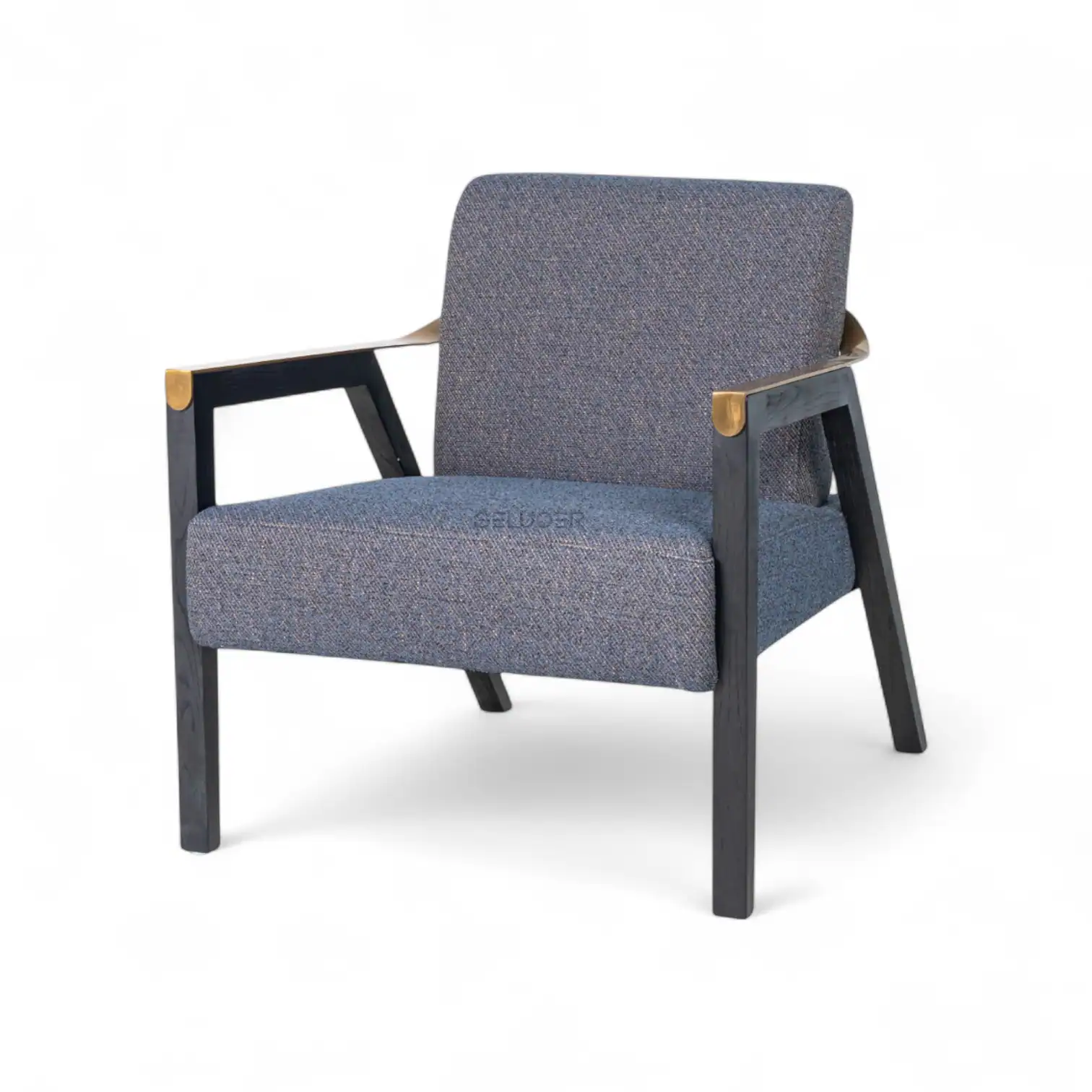 Elegant blue upholstered armchair with dark wooden frame, modern furniture for living room decor.