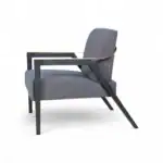 Modern grey upholstered lounge chair with sleek black and gold accent frame, perfect for contemporary home decor.