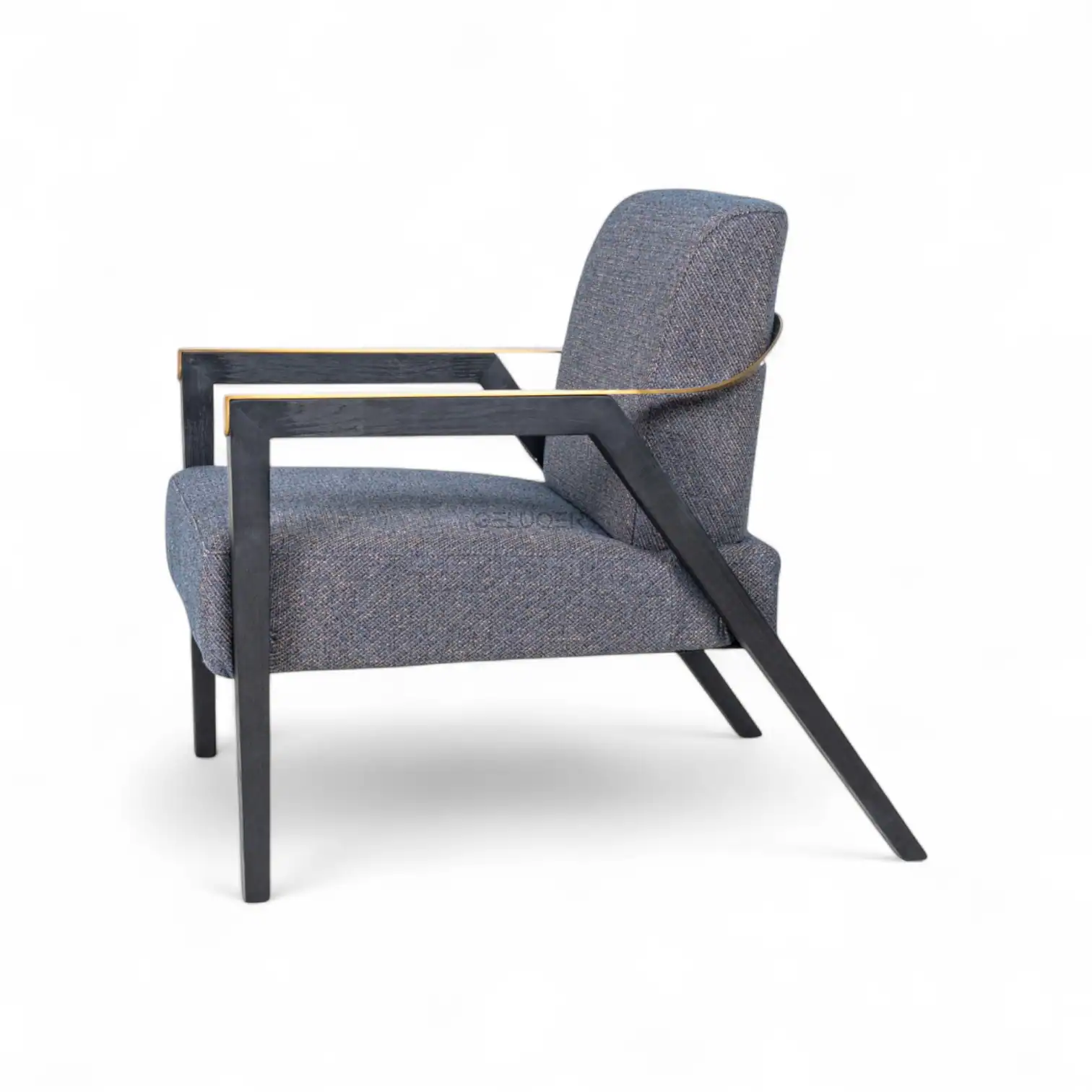 Modern grey upholstered lounge chair with sleek black and gold accent frame, perfect for contemporary home decor.