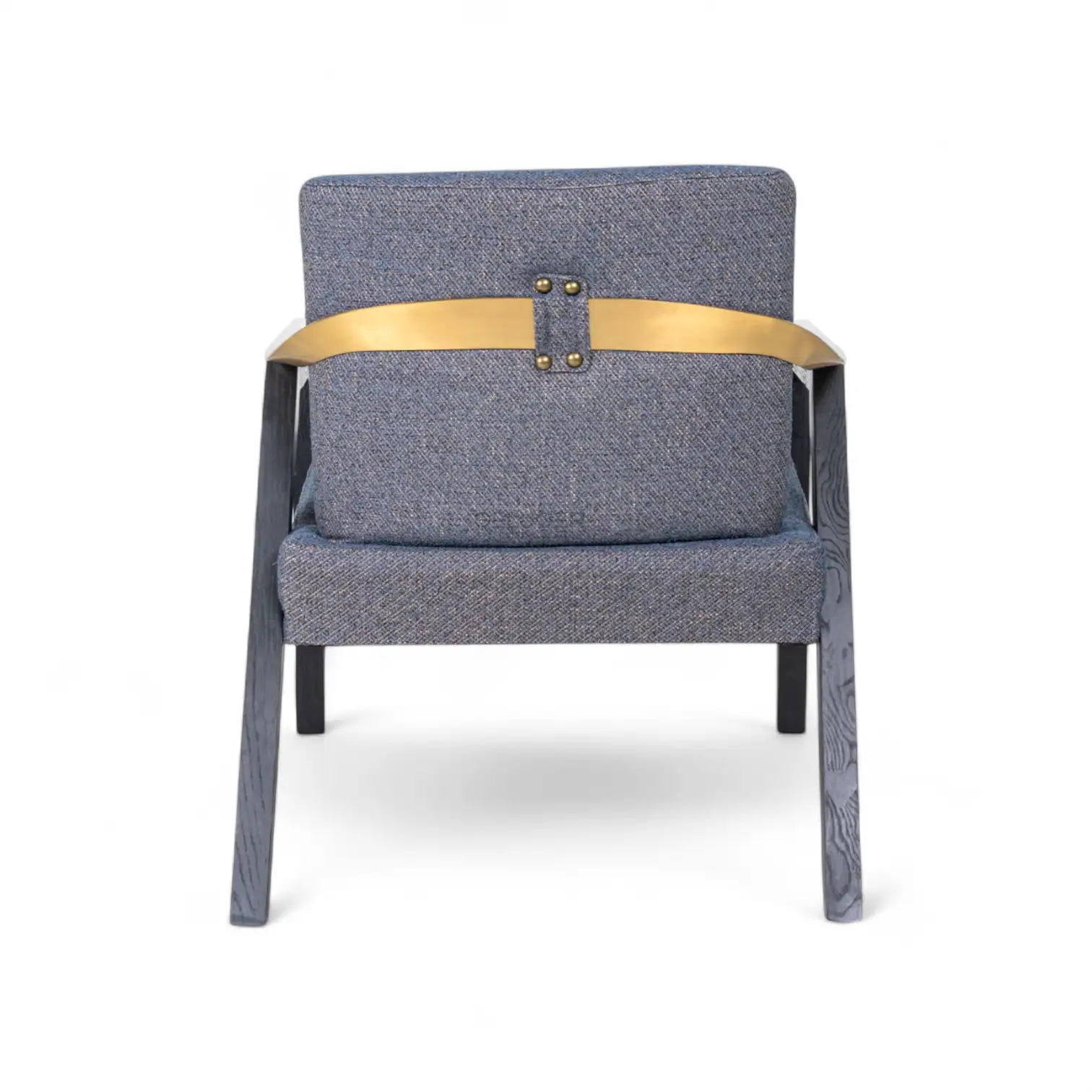 Modern upholstered armchair with wooden and metal accents, perfect for stylish living spaces.