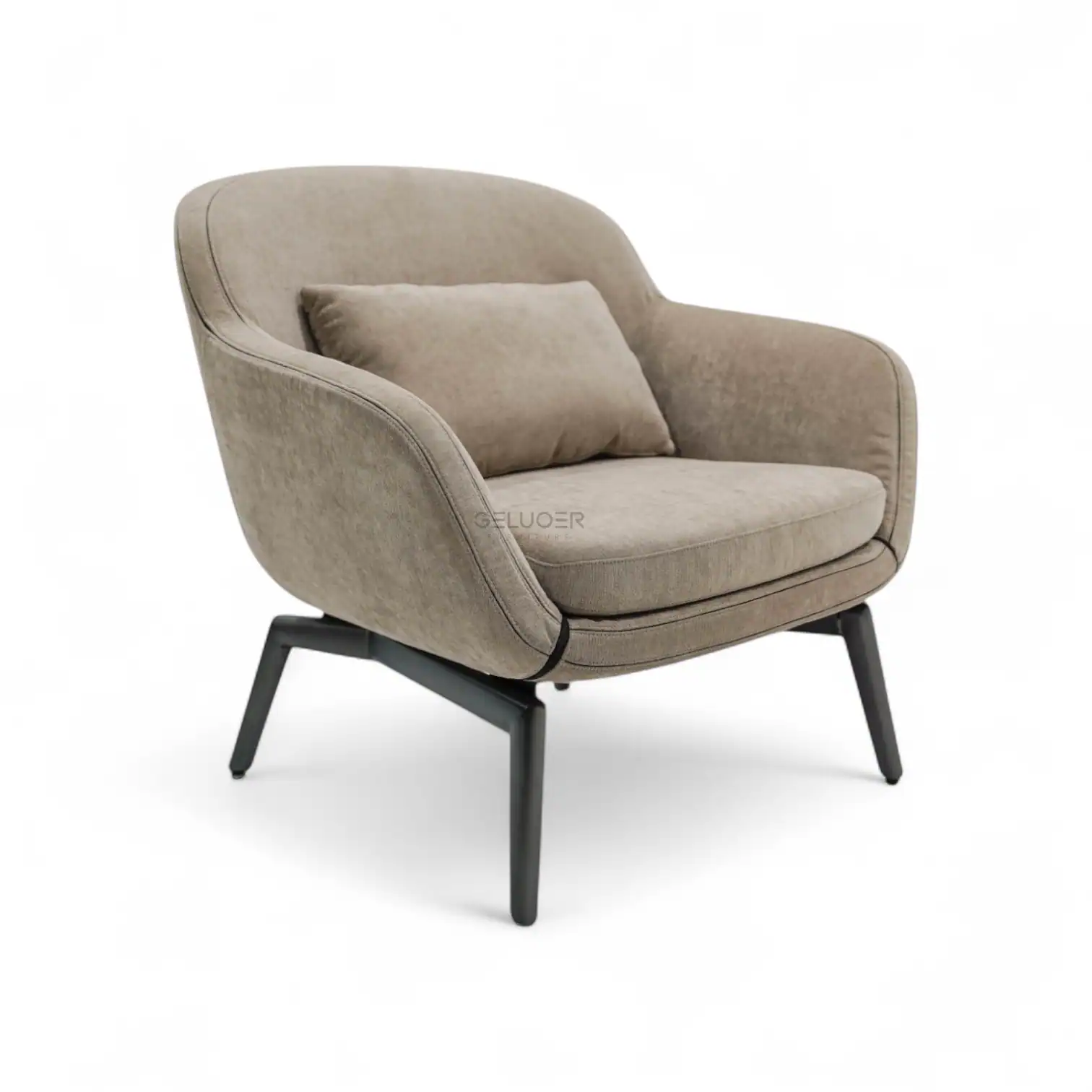 Luxurious beige upholstered modern armchair with wooden legs by Geluoer Furniture.
