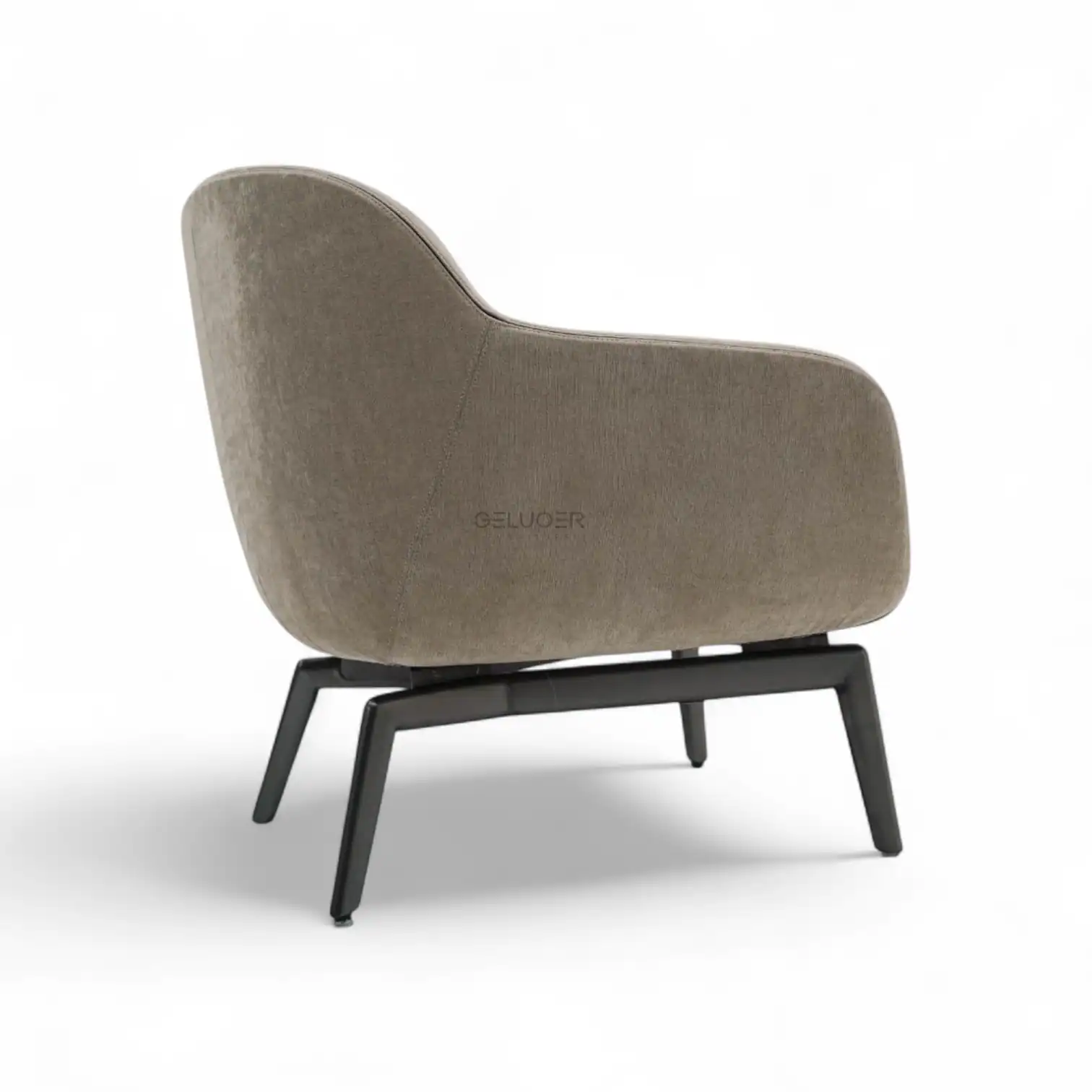 Luxurious modern beige upholstered armchair with black wooden legs, perfect for living room decor.