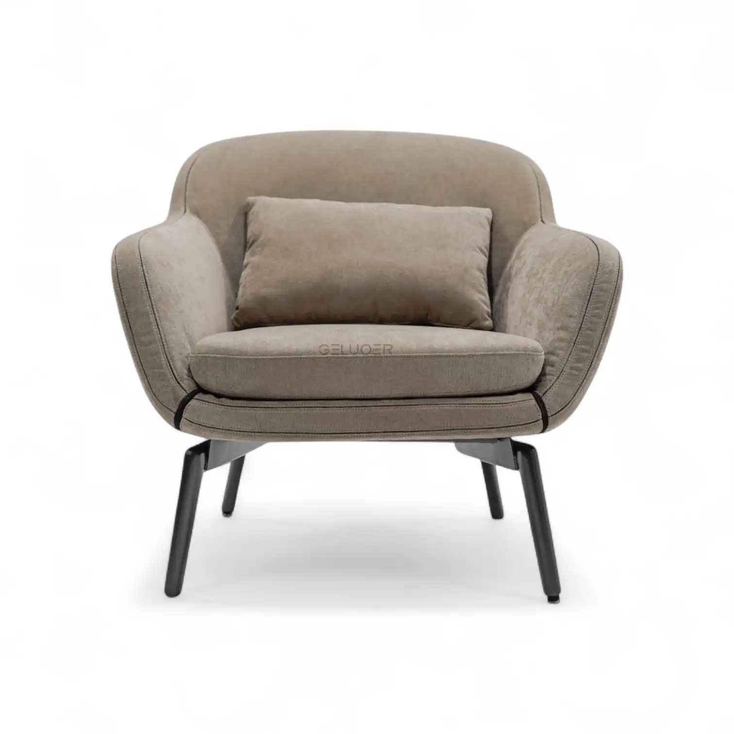 Contemporary beige armchair with wooden legs and plush cushion, ideal for modern living room decor.