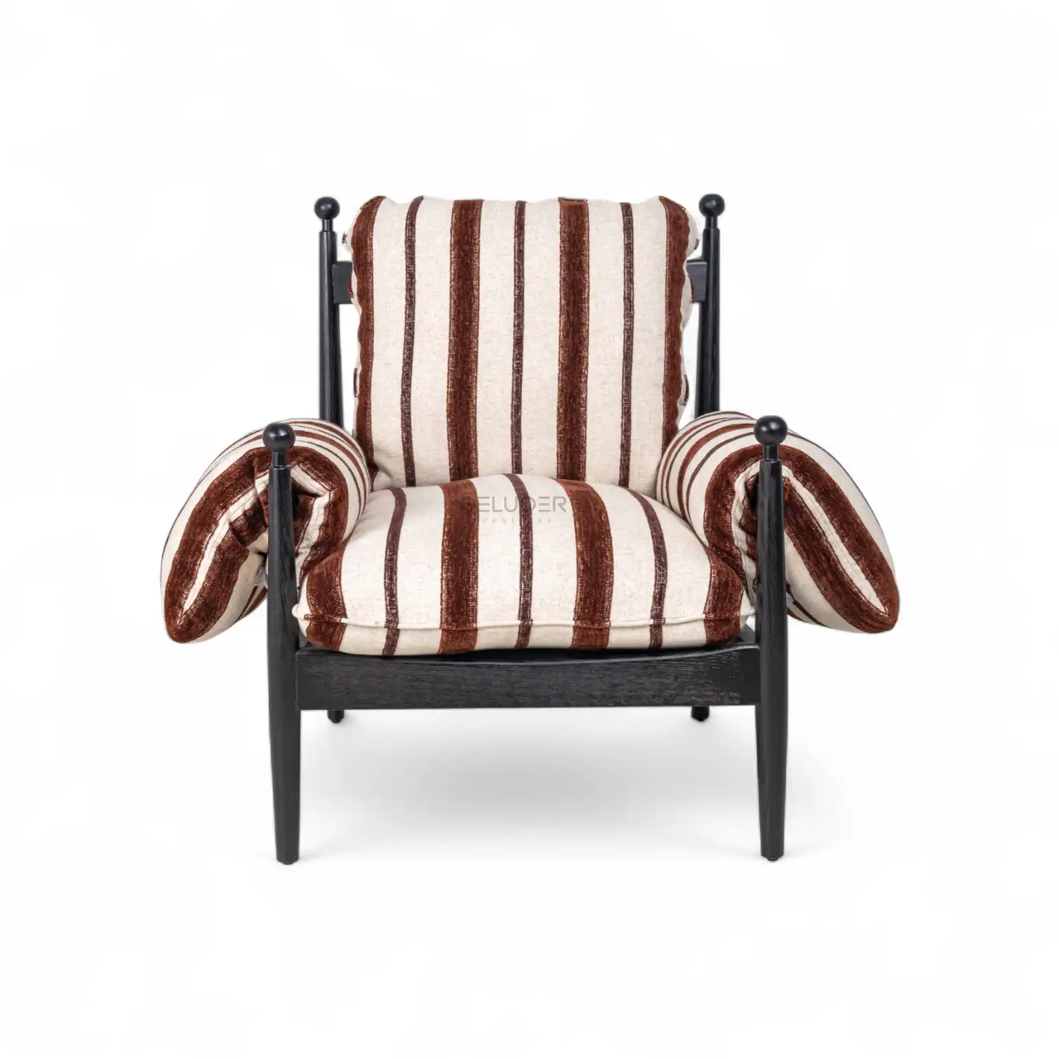 Ergonomic armchair with striped fabric upholstery and black wooden frame.