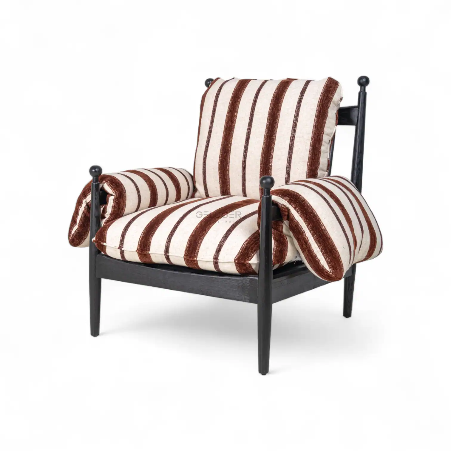 Plush striped armchair with black wooden frame, comfortable and stylish furniture piece for living room.