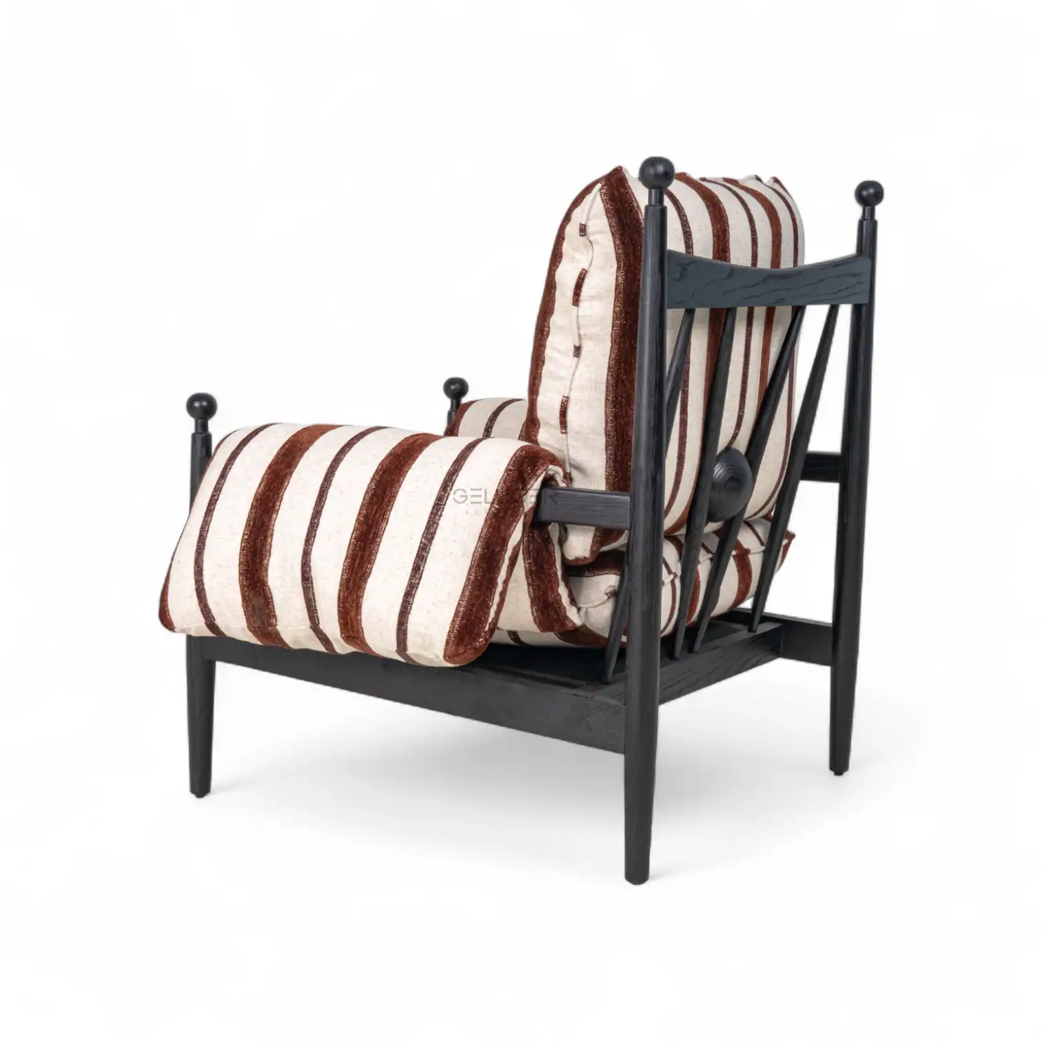 Luxurious striped fabric armchair with a black wooden frame, perfect for modern living rooms.