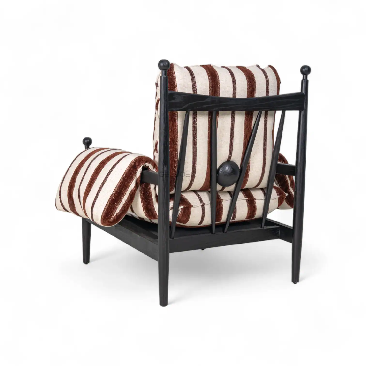 Elegant striped upholstered armchair with a black wooden frame for modern furniture decor.