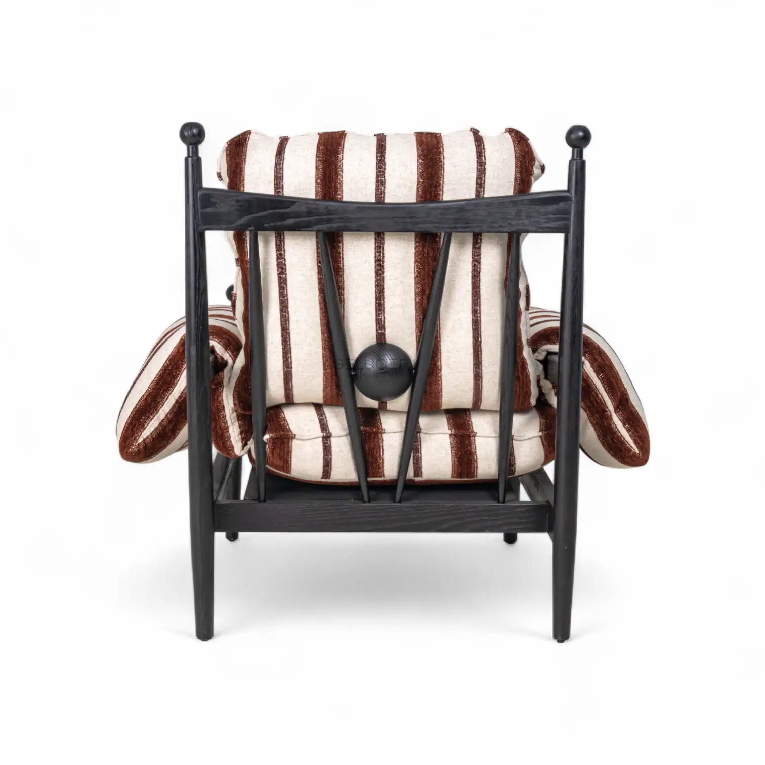 Vintage armchair with striped cushion and black wooden frame, stylish home furniture piece.