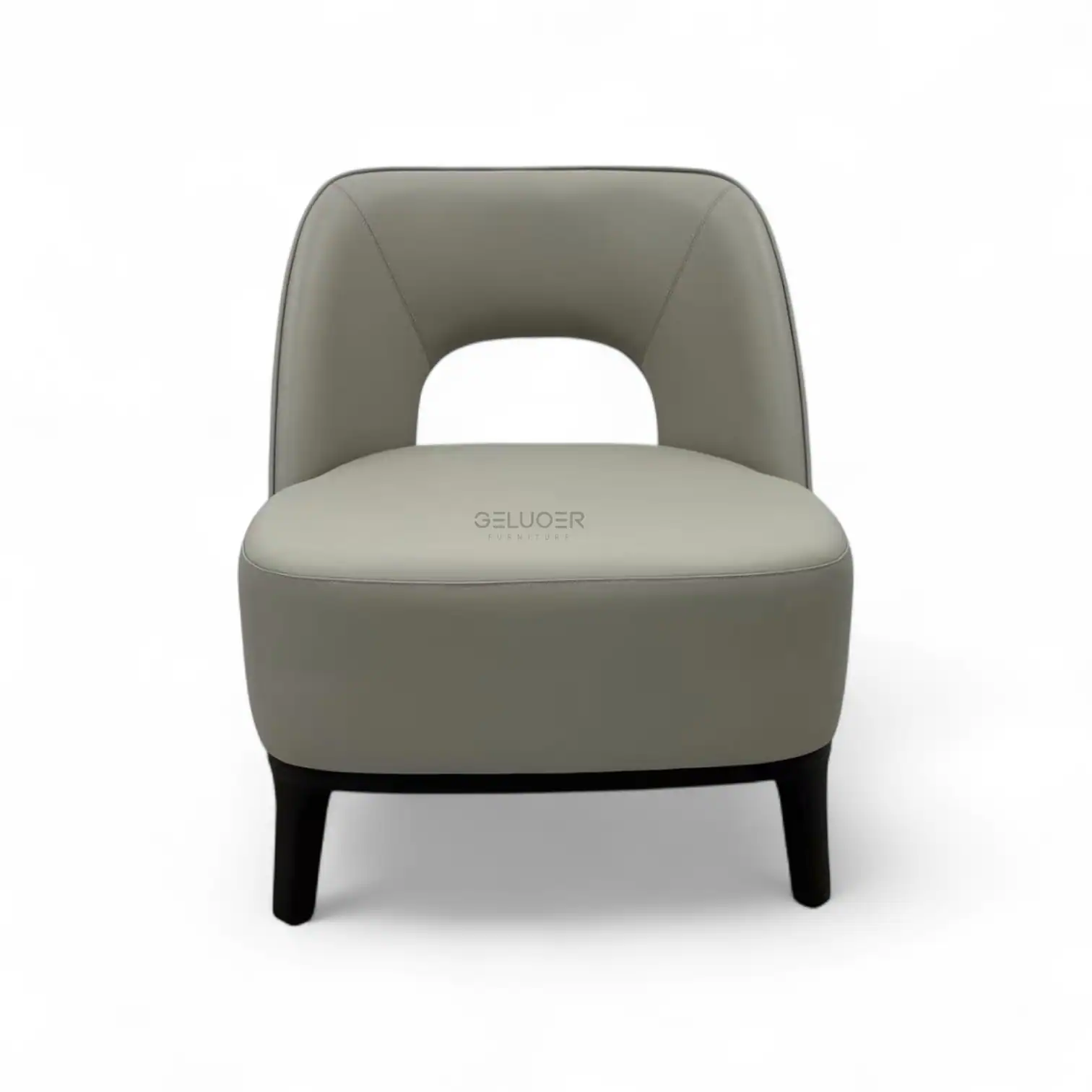 Contemporary grey upholstered armchair with black wooden legs, modern furniture design.