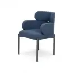 Upholstered modern blue accent chair with black metal legs.