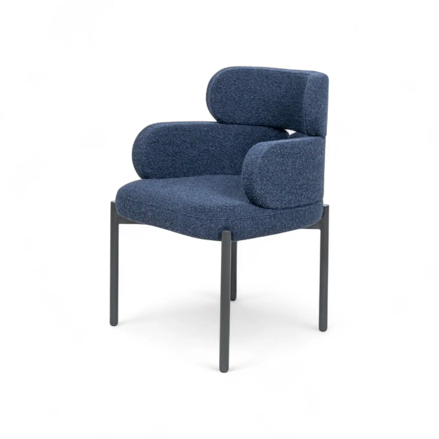 Upholstered modern blue accent chair with black metal legs.