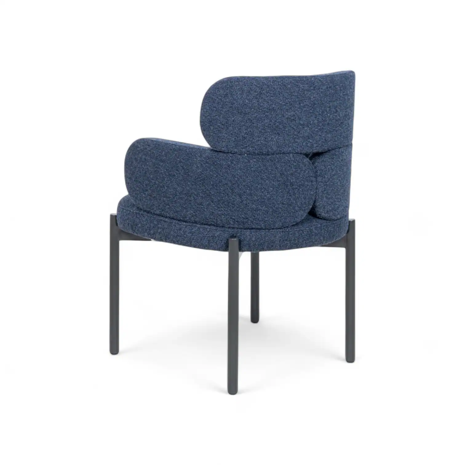 Stylish blue upholstered modern lounge chair with black metal legs.