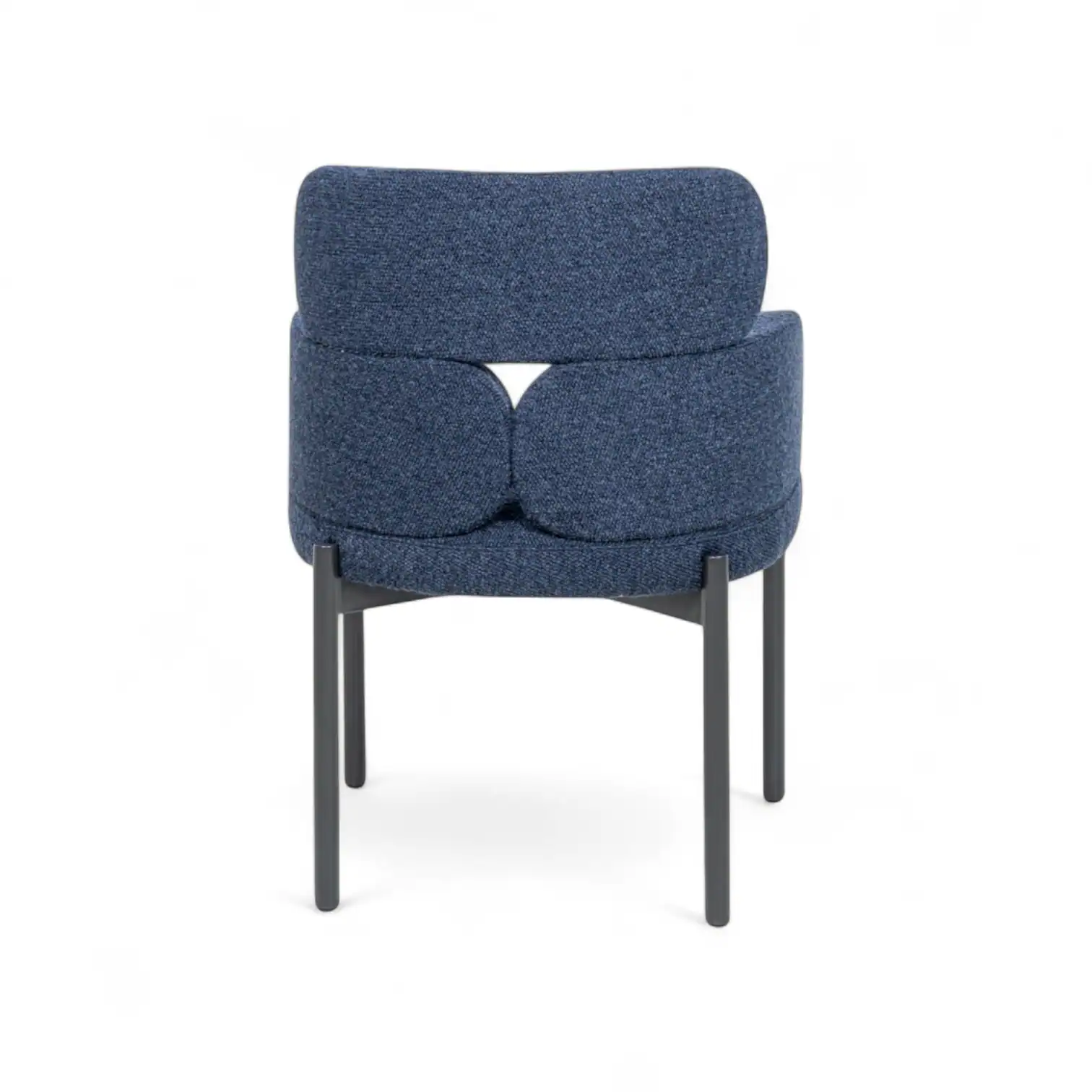 Contemporary blue upholstered accent chair with black metal legs, stylish and comfortable for modern home decor.