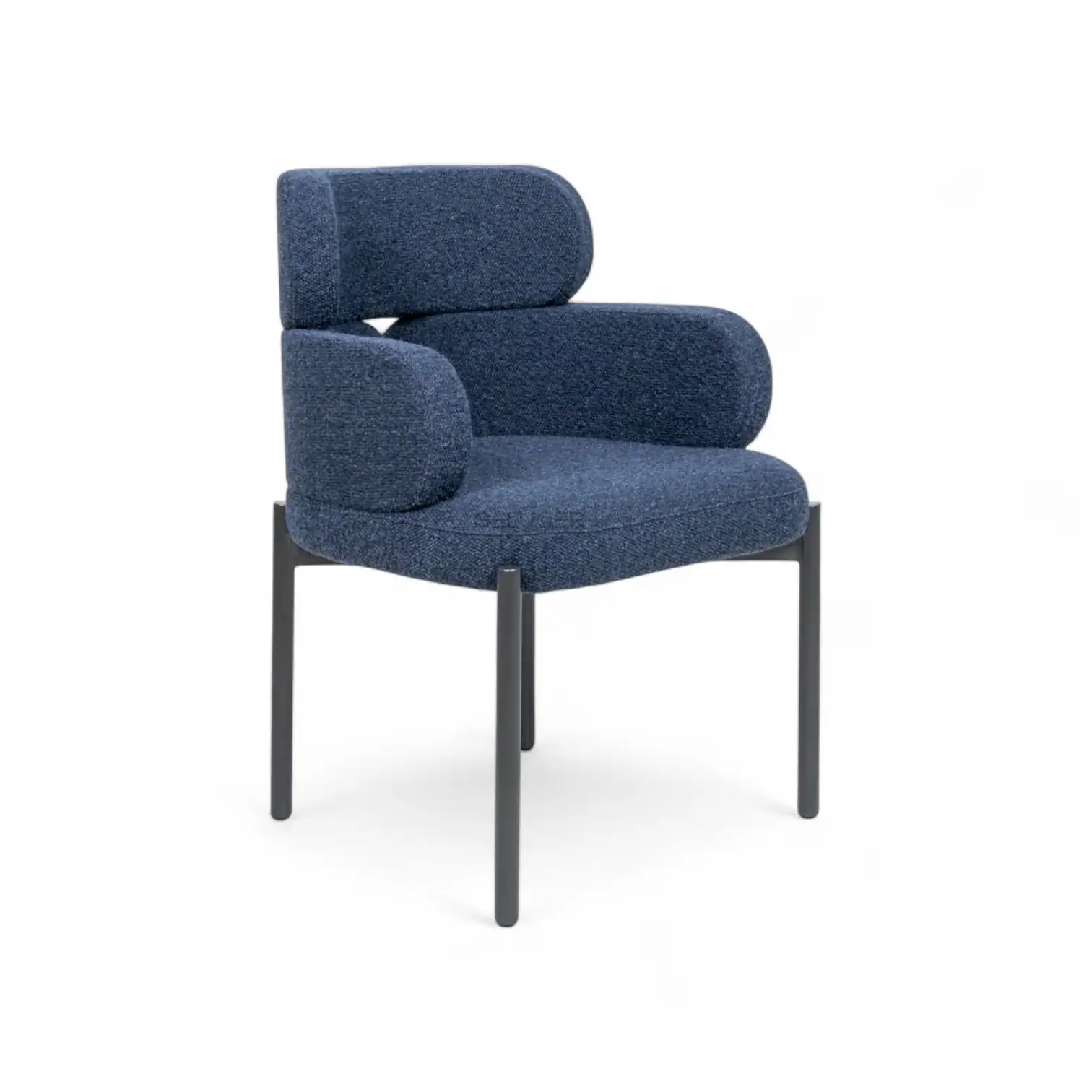 Luxurious modern blue upholstered armchair with sleek black metal frame for stylish living spaces.