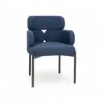Modern blue upholstered armchair with sleek black metal legs and ergonomic design, perfect for stylish living spaces.