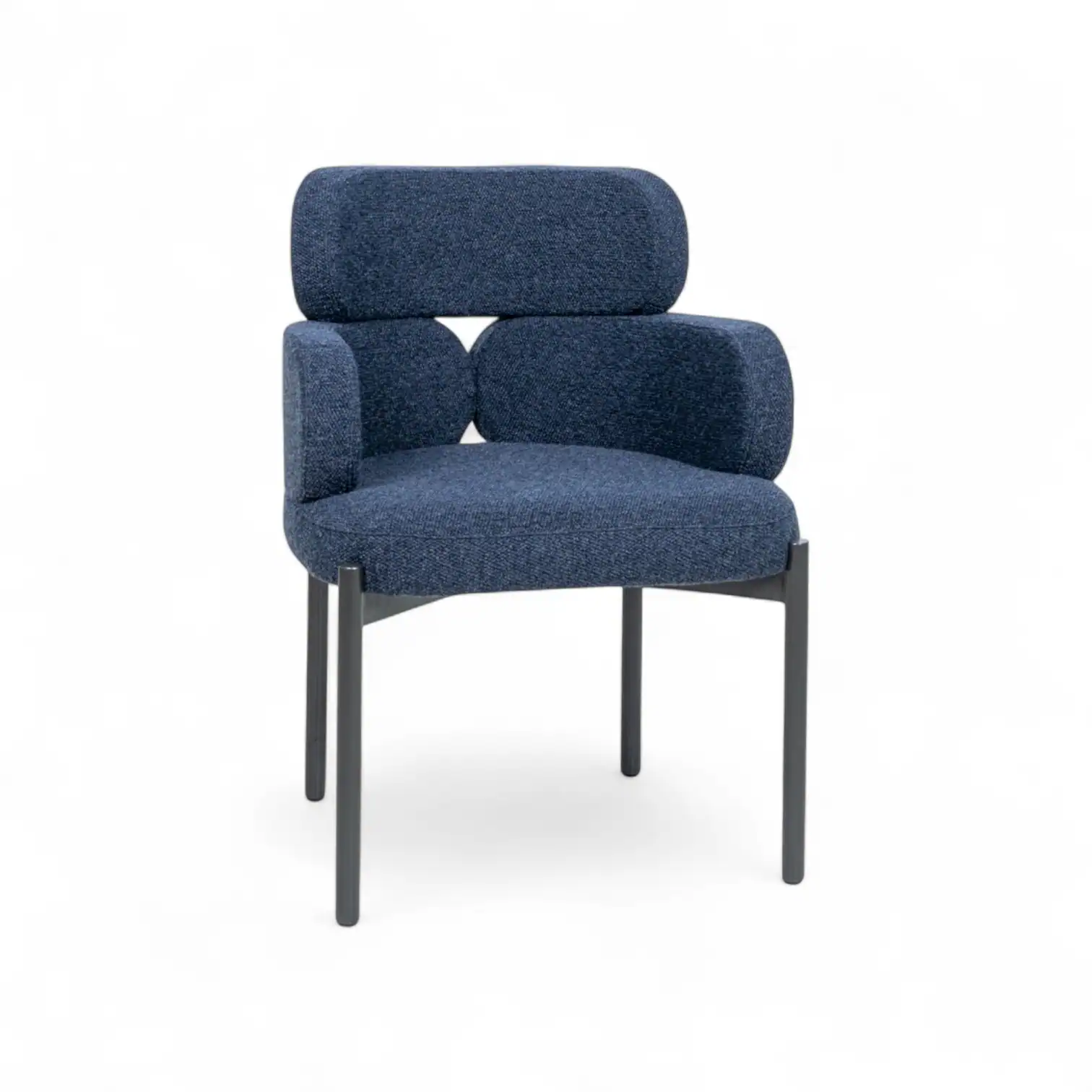 Modern blue upholstered armchair with sleek black metal legs and ergonomic design, perfect for stylish living spaces.