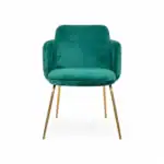 Deep green velvet accent chair with gold metal legs for modern home decor.