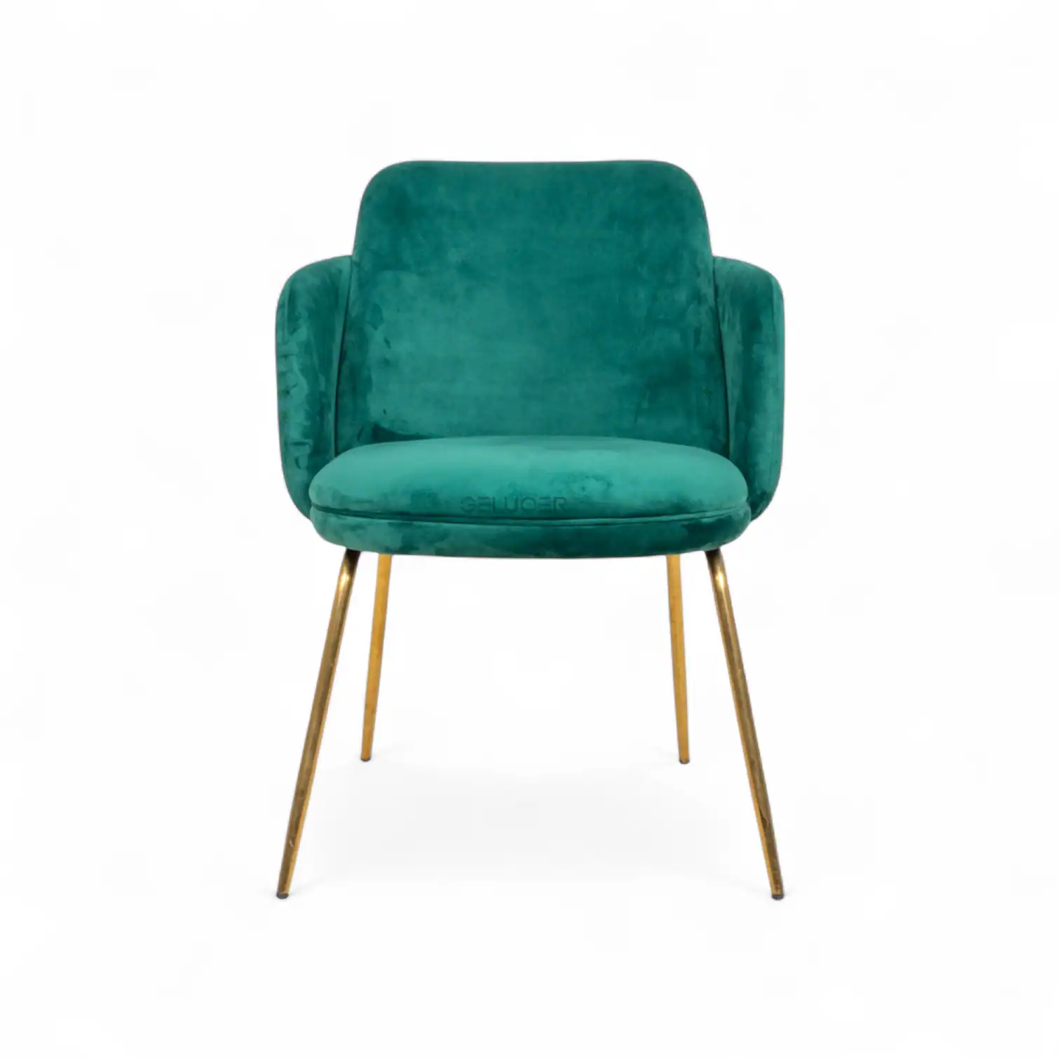 Deep green velvet accent chair with gold metal legs for modern home decor.