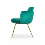 Green velvet accent chair with gold metal legs, modern stylish furniture piece.
