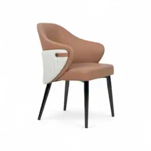 Contemporary leather accent chair with sleek wooden legs and stylish white details.