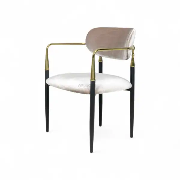 Elegant modern dining chair with wooden backrest and gold-accented armrests, perfect for stylish interiors.