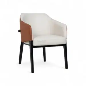 Contemporary armchair with white and brown leather upholstery and black wooden legs.