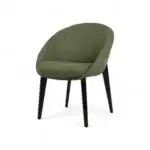Mid-century modern green upholstered accent chair with black wooden legs.