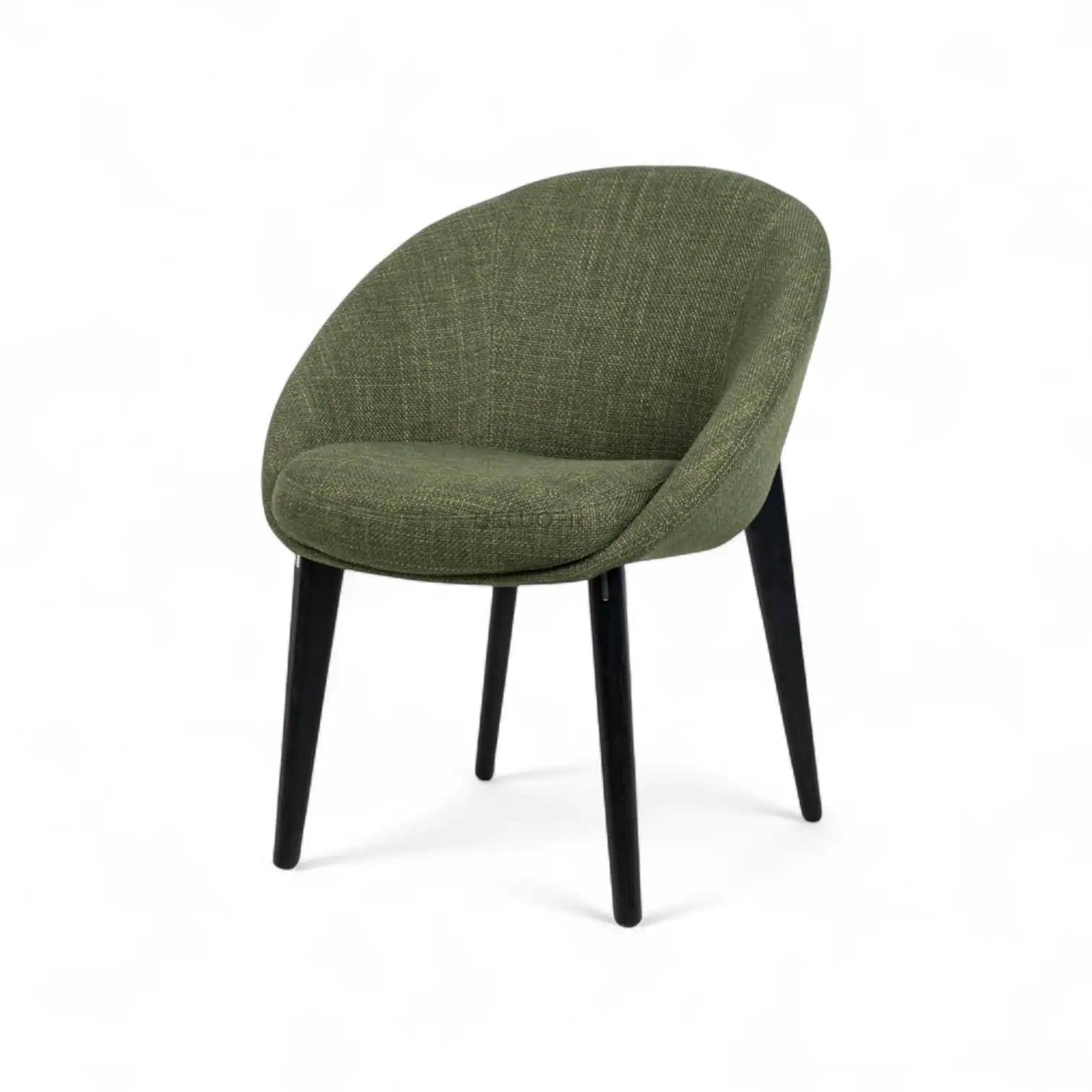 Mid-century modern green upholstered accent chair with black wooden legs.