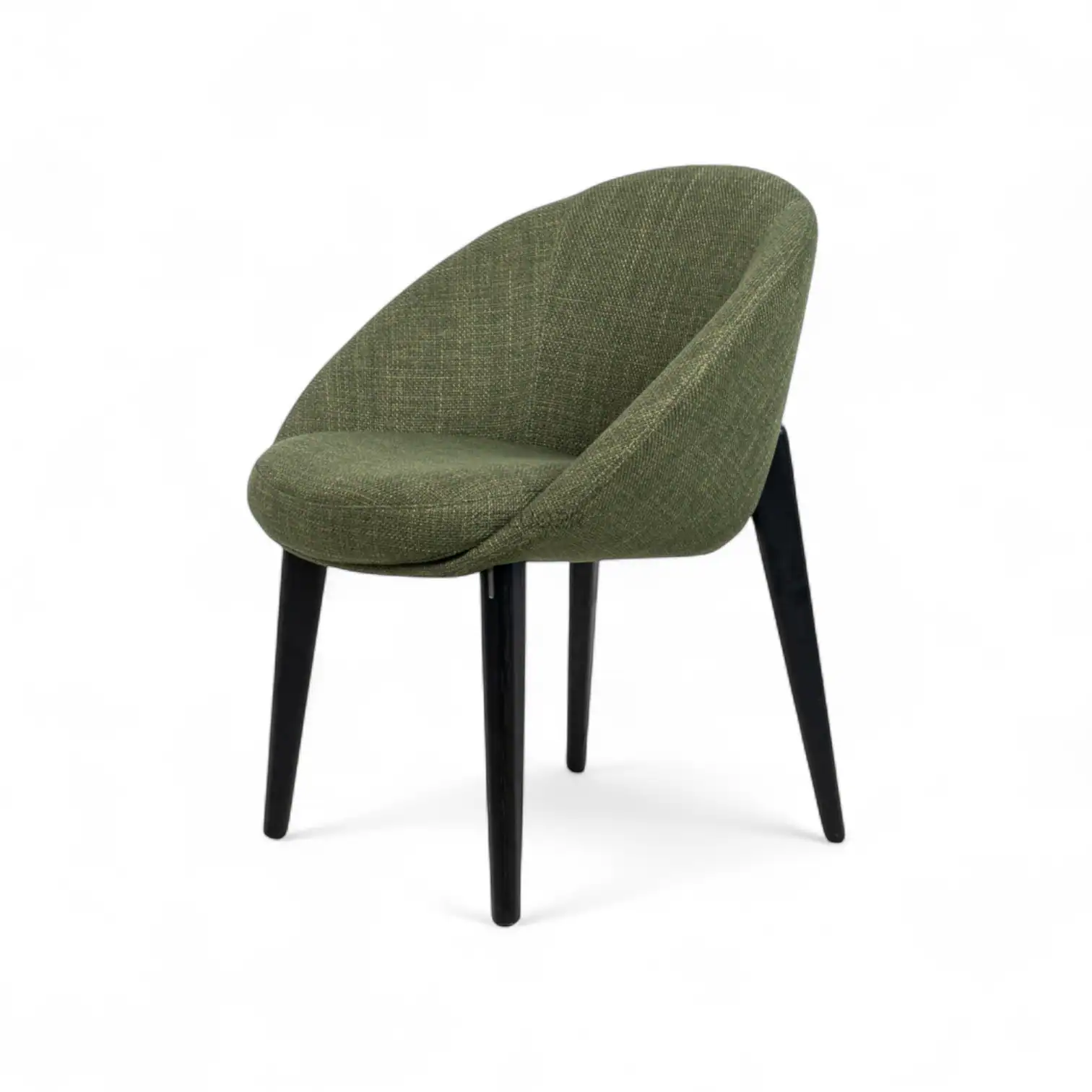 Modern green upholstered accent chair with black wooden legs, stylish and comfortable for living rooms or offices.