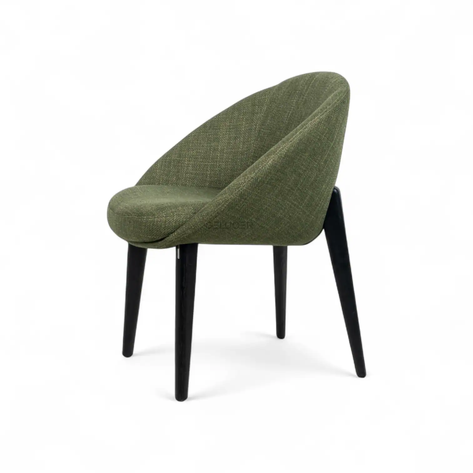 Stylish green upholstered armchair with black wooden legs, modern furniture for living rooms and offices.