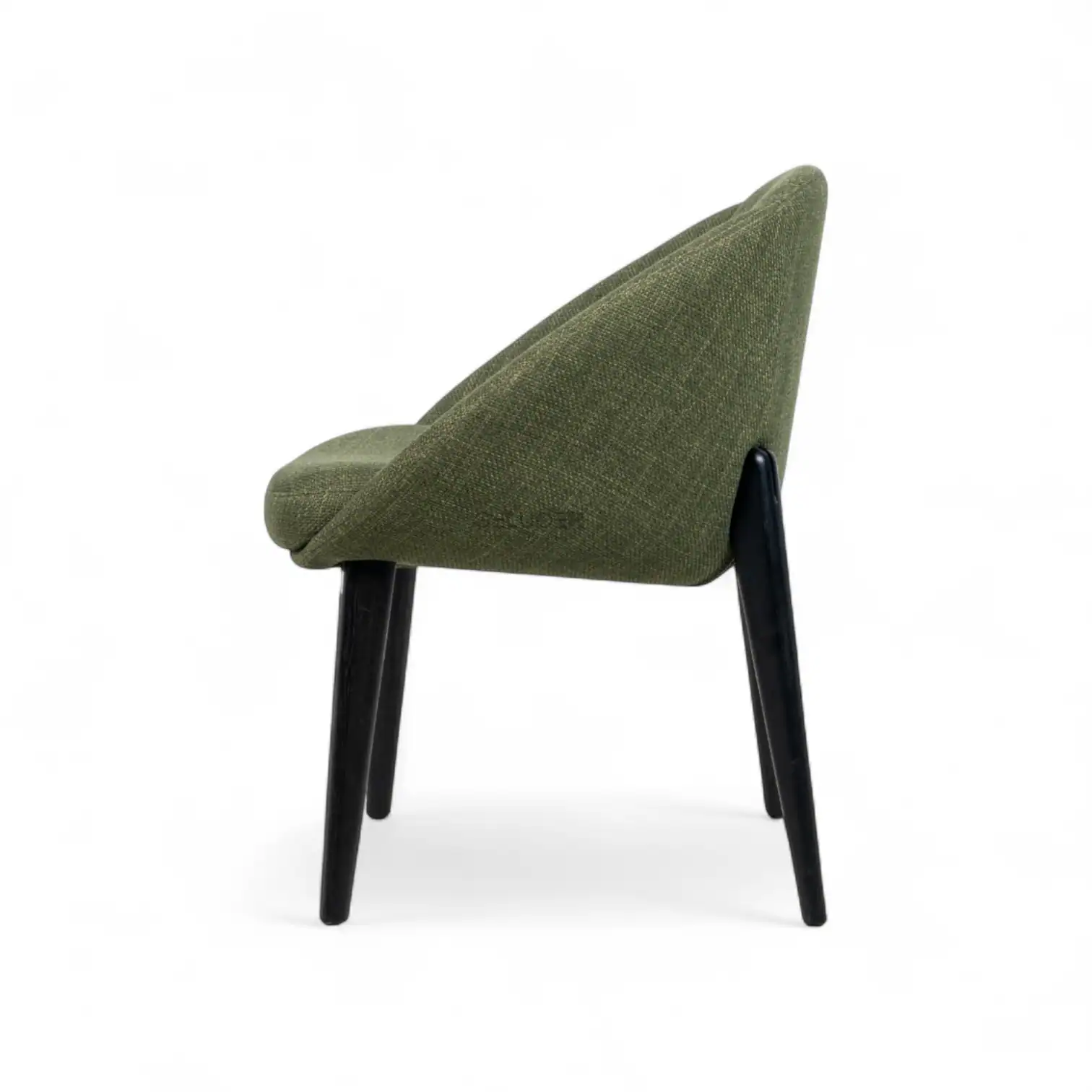 Green upholstered modern lounge chair with black wooden legs.
