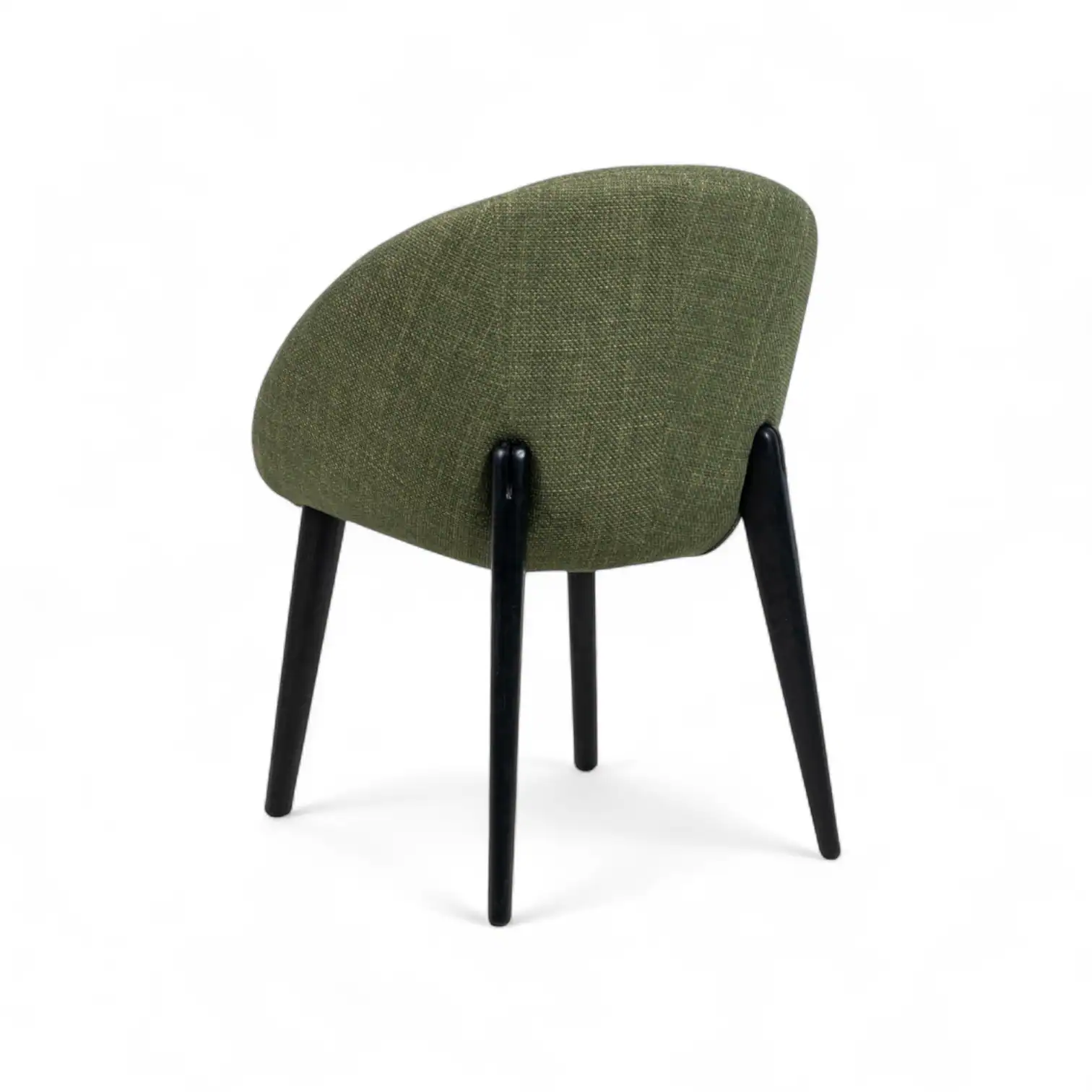 Green upholstered dining chair with black wooden legs for modern home decor.