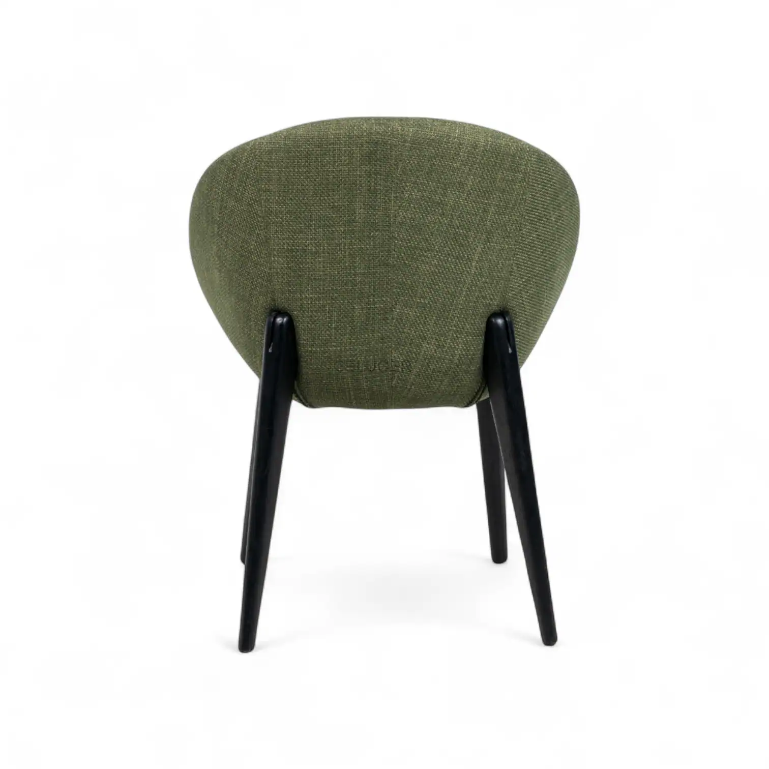 Luxurious modern green upholstered accent chair with black wooden legs.