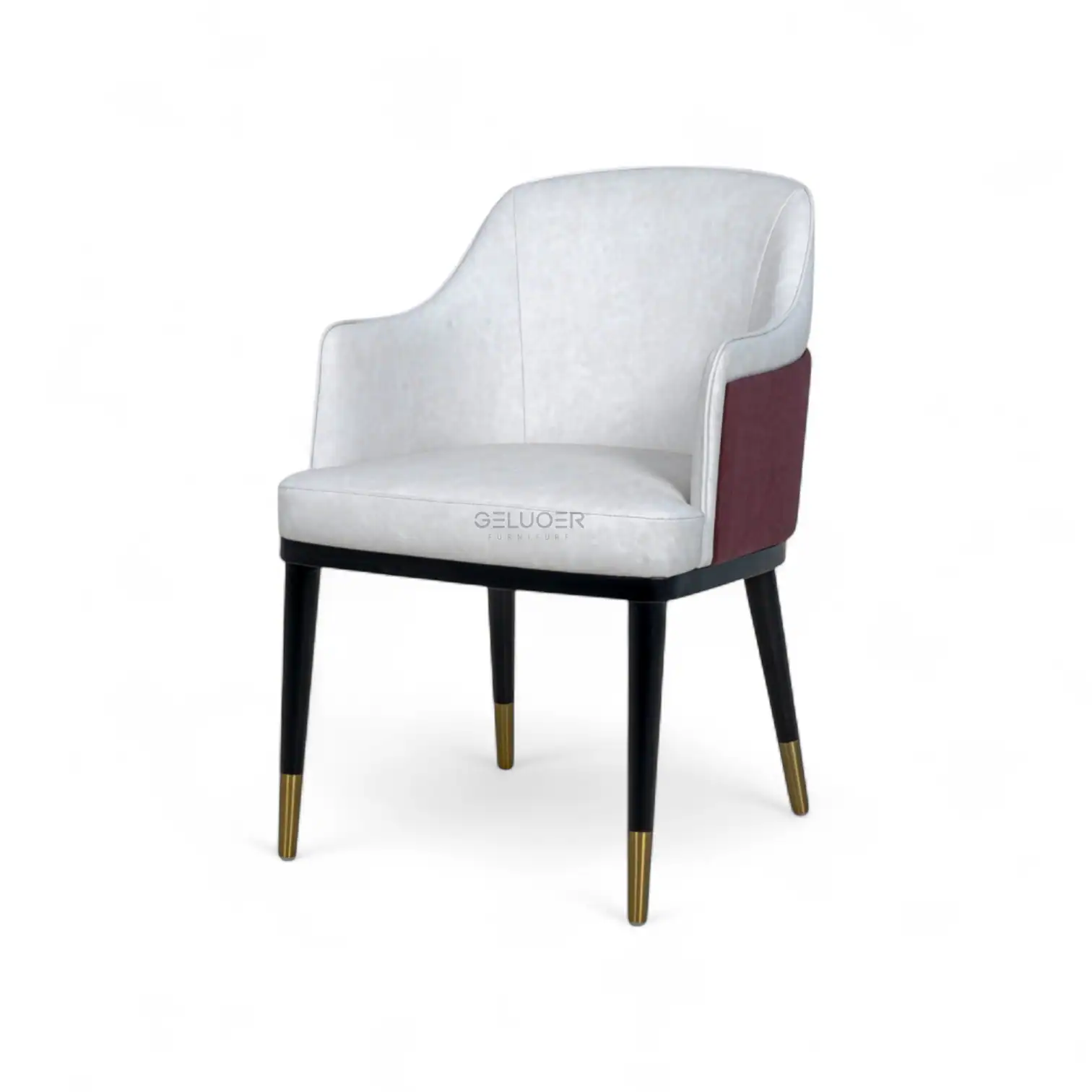 Luxurious white upholstered accent chair with black and gold legs from Geluoer Furniture.