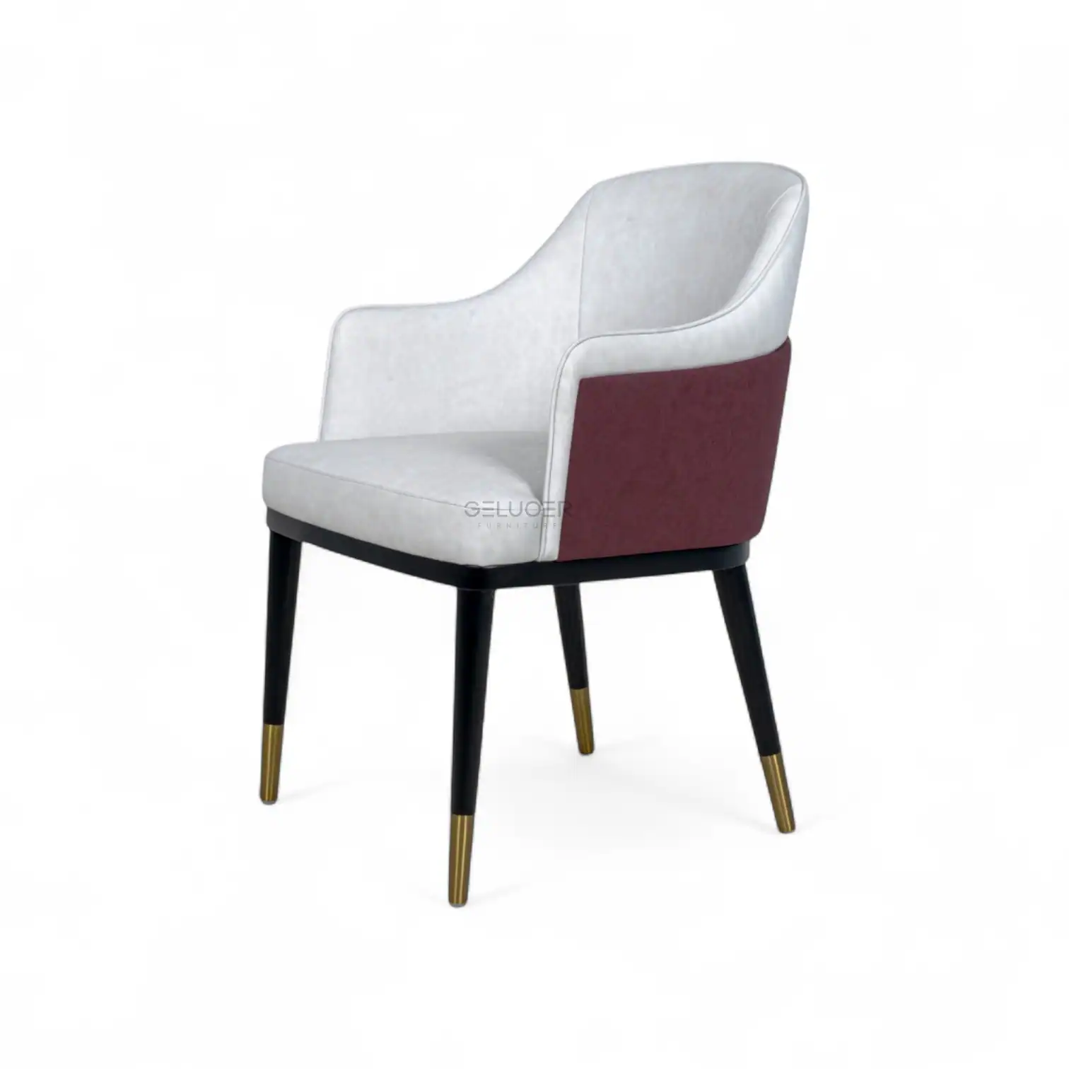 Stylish modern dining chair with upholstered white and burgundy fabric and black gold-accented legs.
