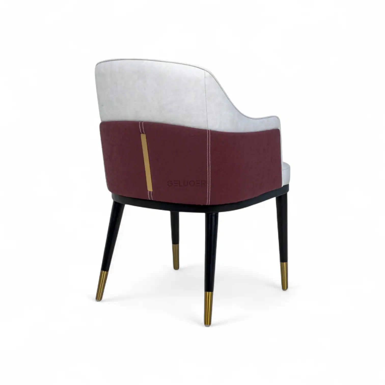 Elegant modern armchair with white and burgundy upholstery, designed for stylish living spaces.